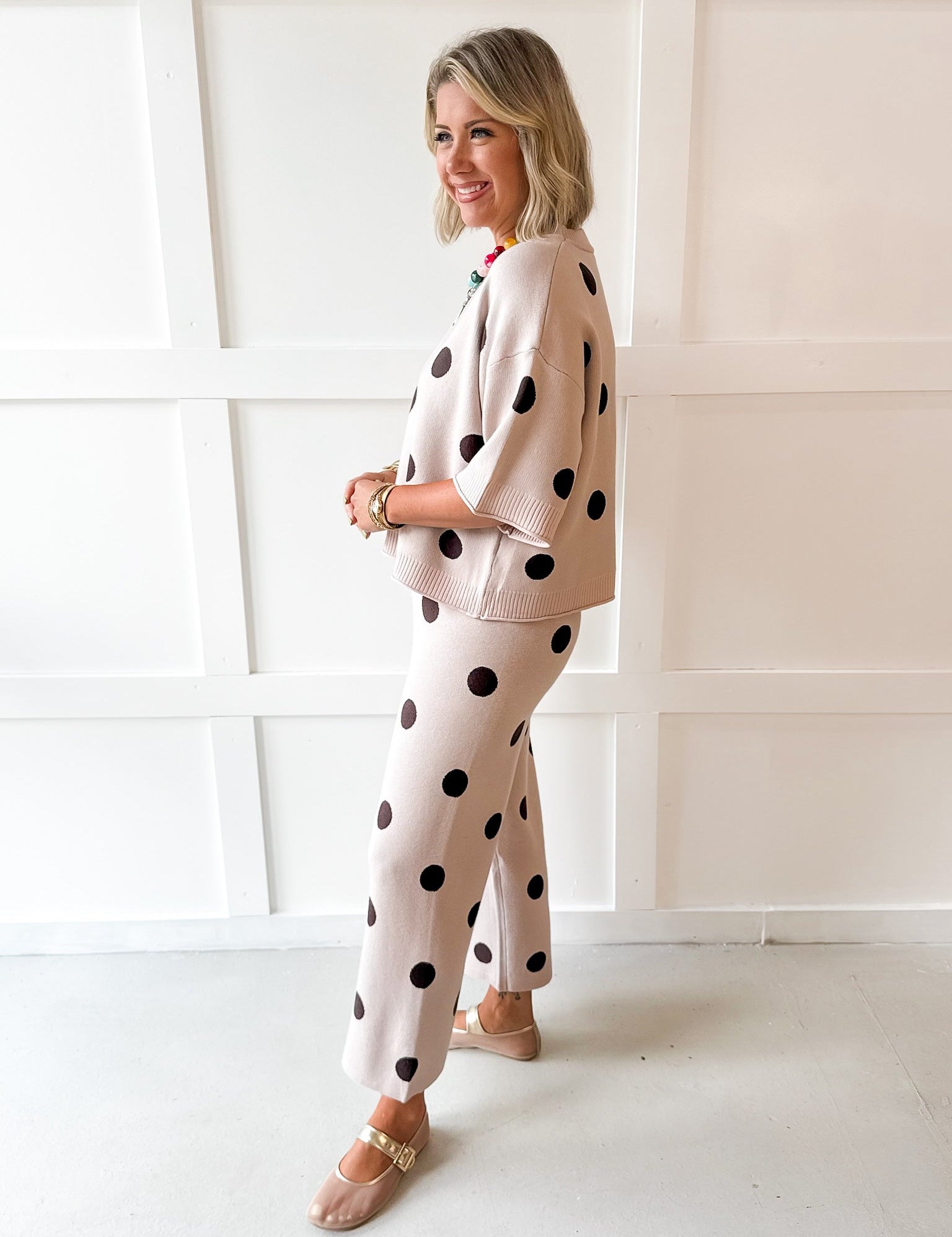 Round Neck Polka Dot Knit Top & Pant Set