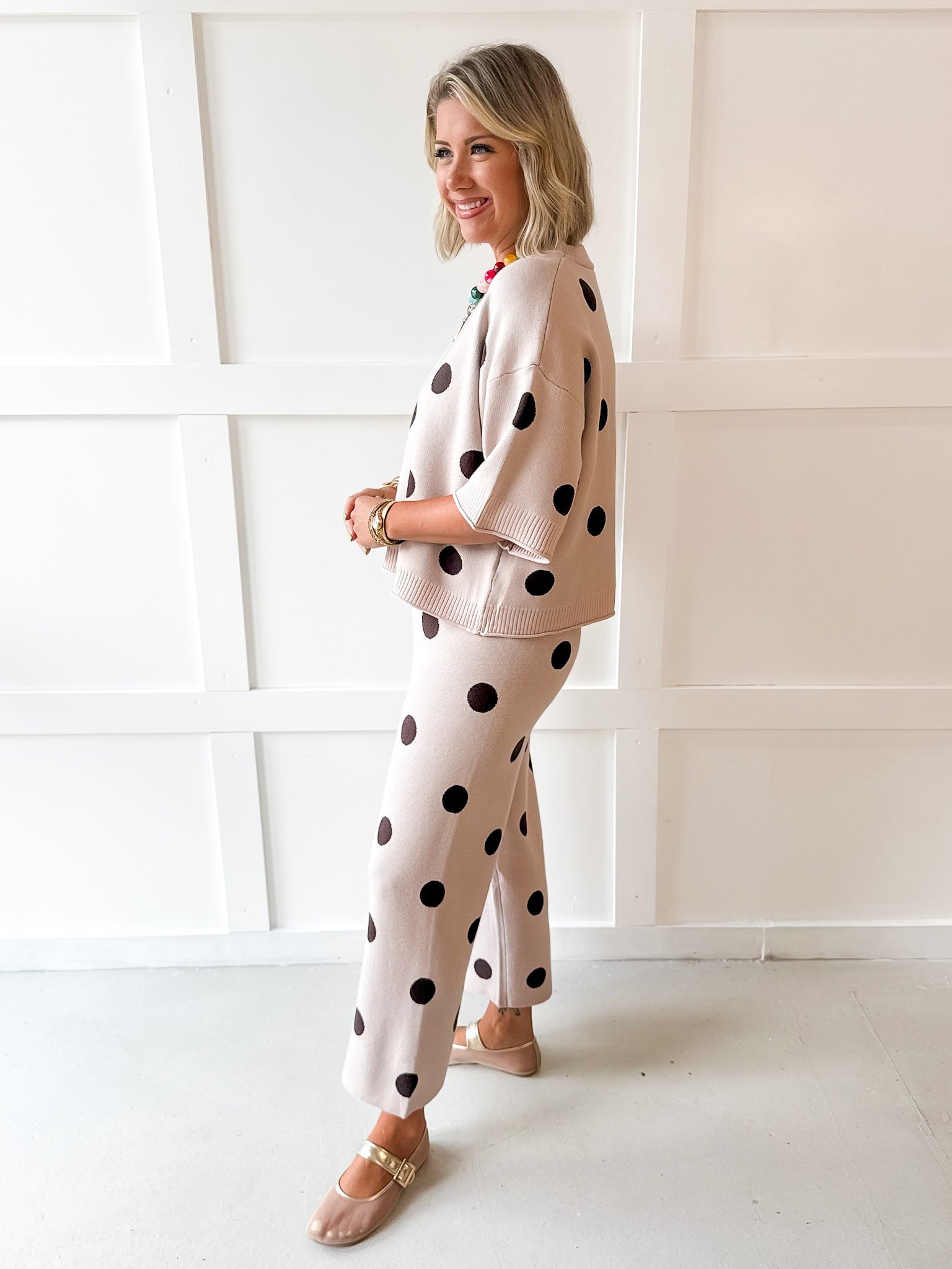 Round Neck Polka Dot Knit Top & Pant Set