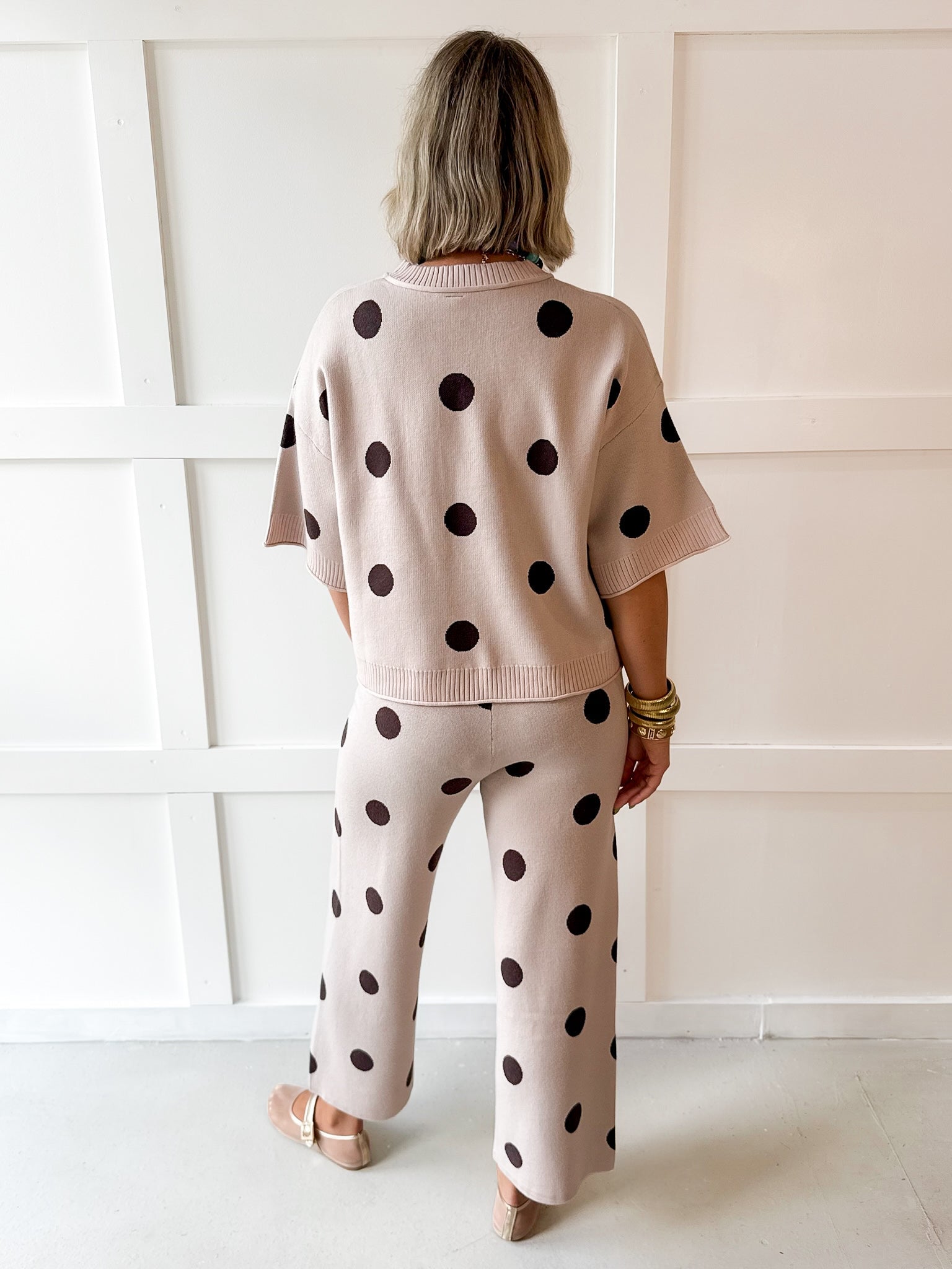 Round Neck Polka Dot Knit Top & Pant Set