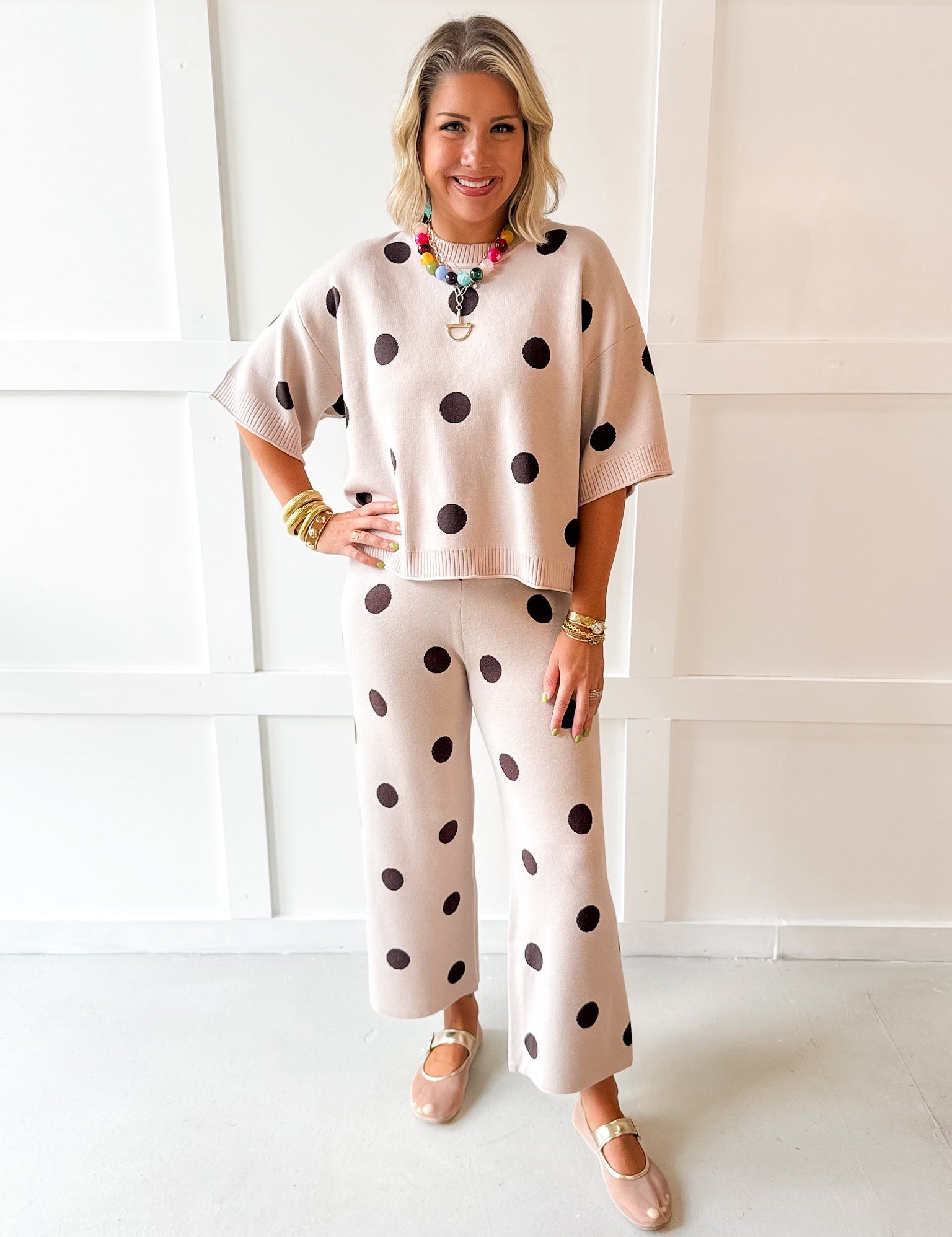 Round Neck Polka Dot Knit Top & Pant Set