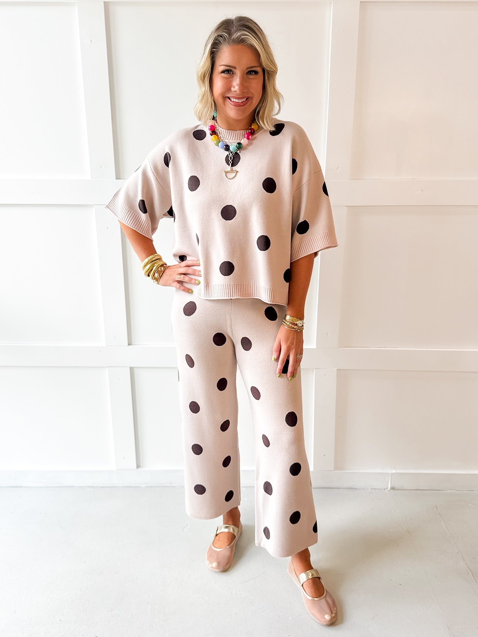 Round Neck Polka Dot Knit Top & Pant Set