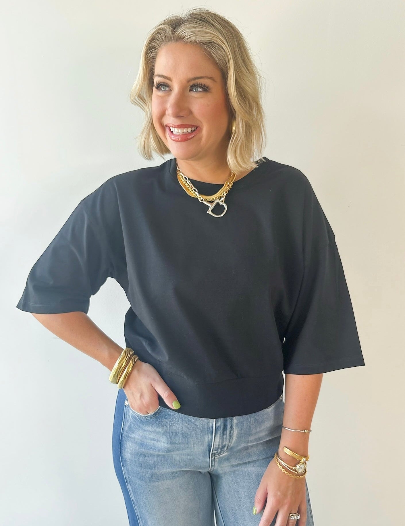 Round Neck Ribbed Band Top - Black
