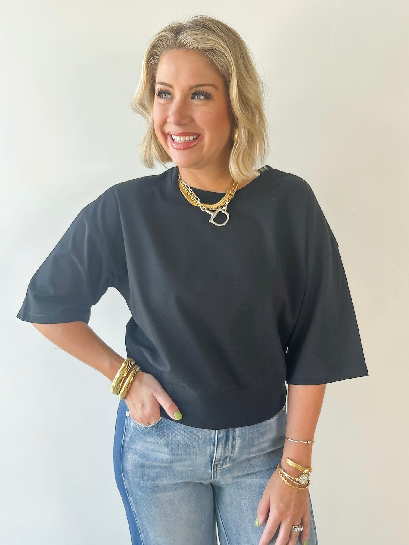 Round Neck Ribbed Band Top - Black