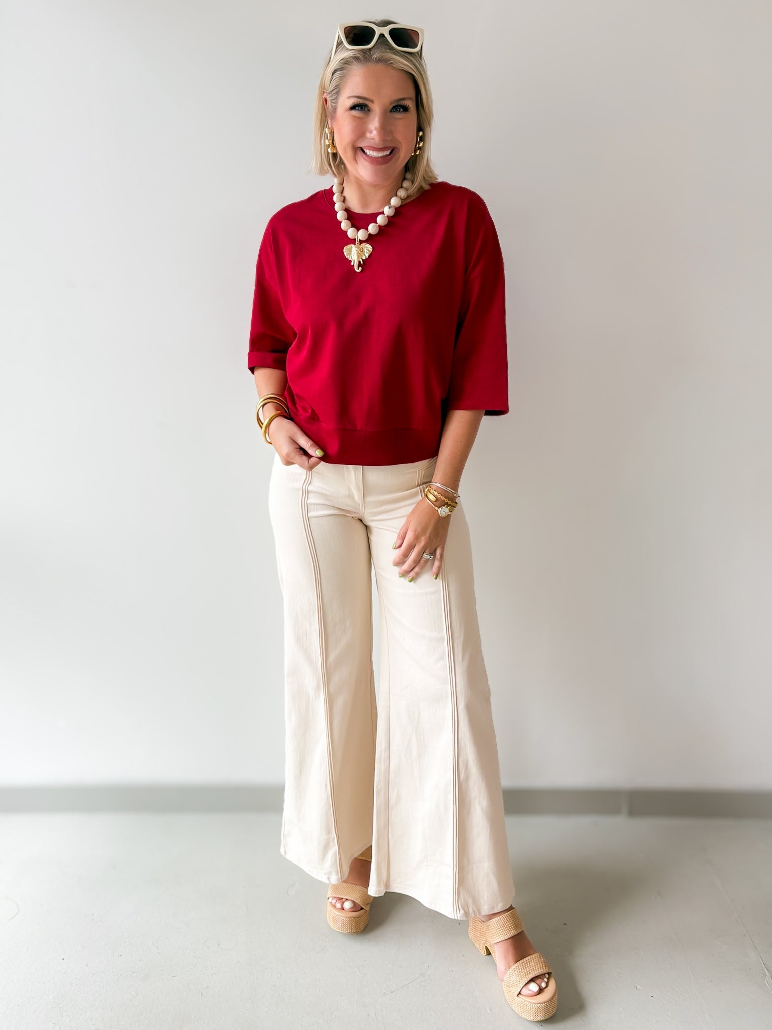 Round Neck Ribbed Band Top - Burgandy