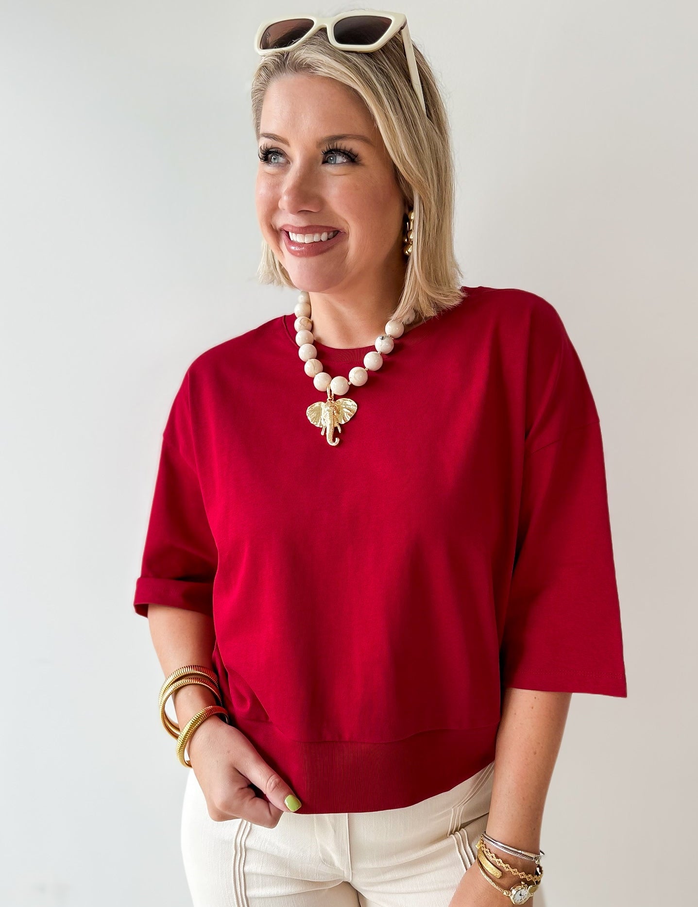 Round Neck Ribbed Band Top - Burgandy