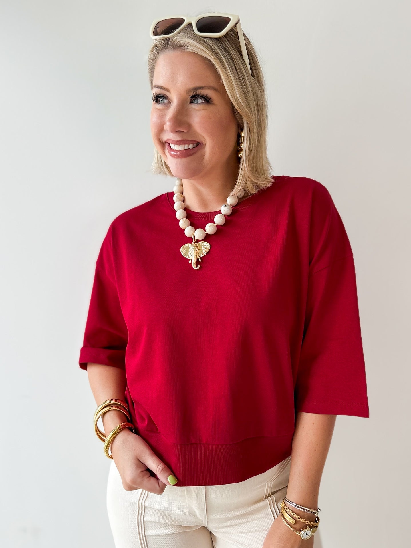 Round Neck Ribbed Band Top - Burgandy