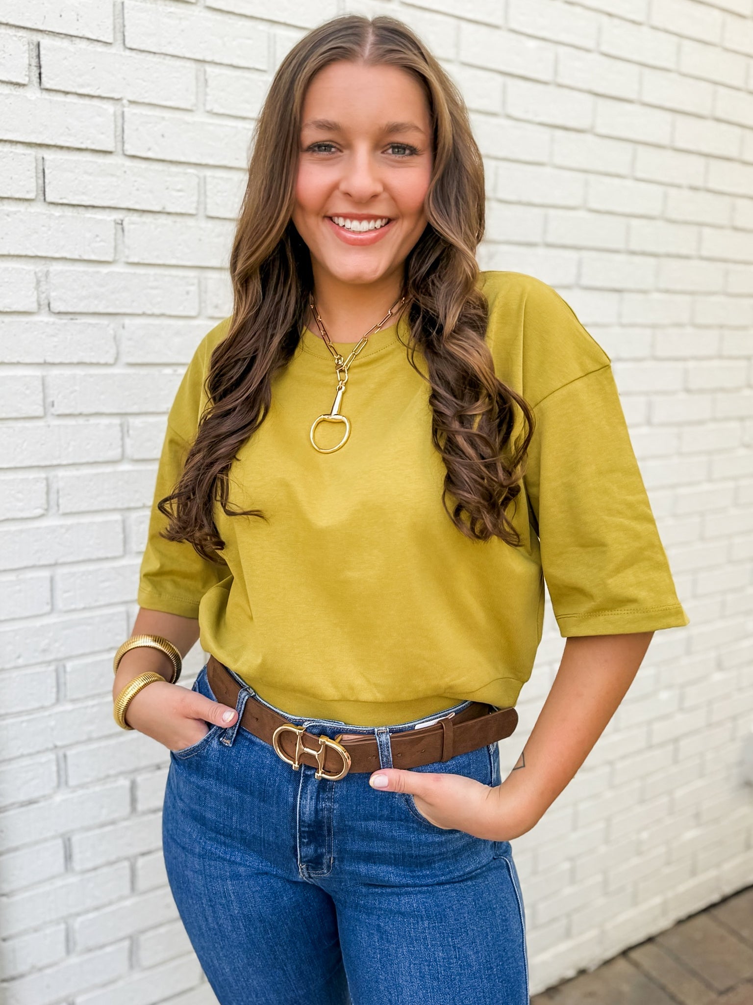 Round Neck Ribbed Band Top - Olive