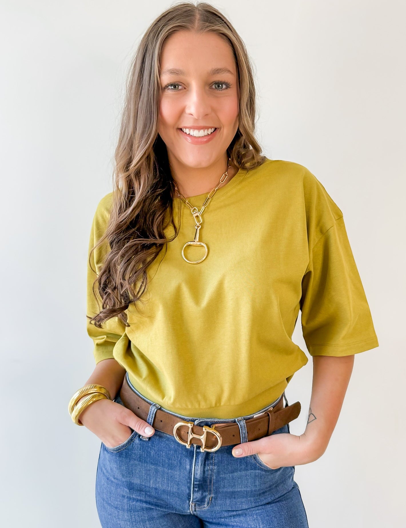 Round Neck Ribbed Band Top - Olive