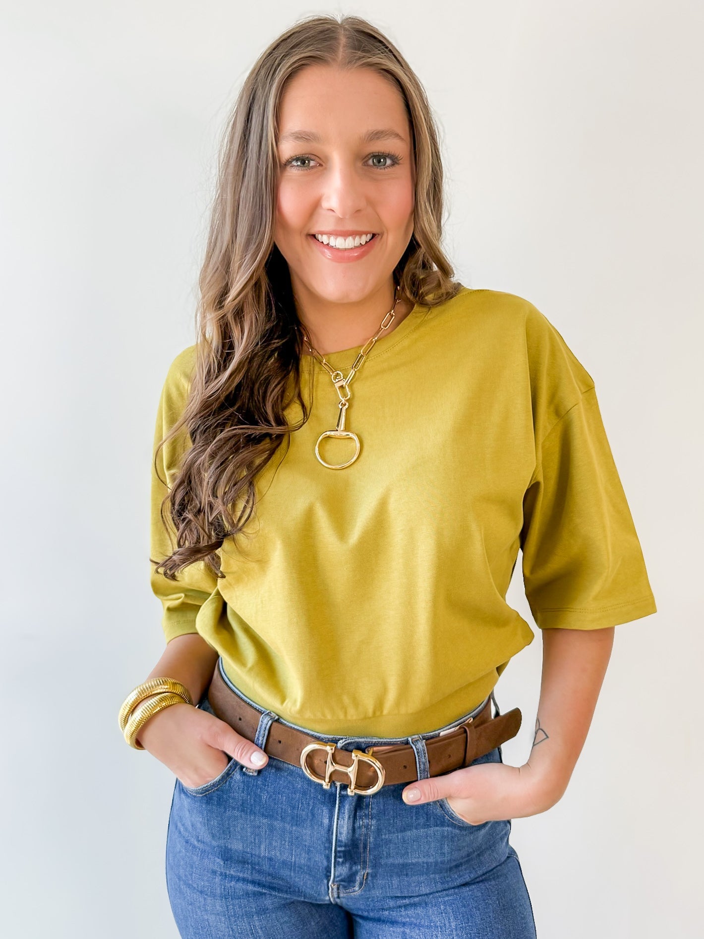 Round Neck Ribbed Band Top - Olive