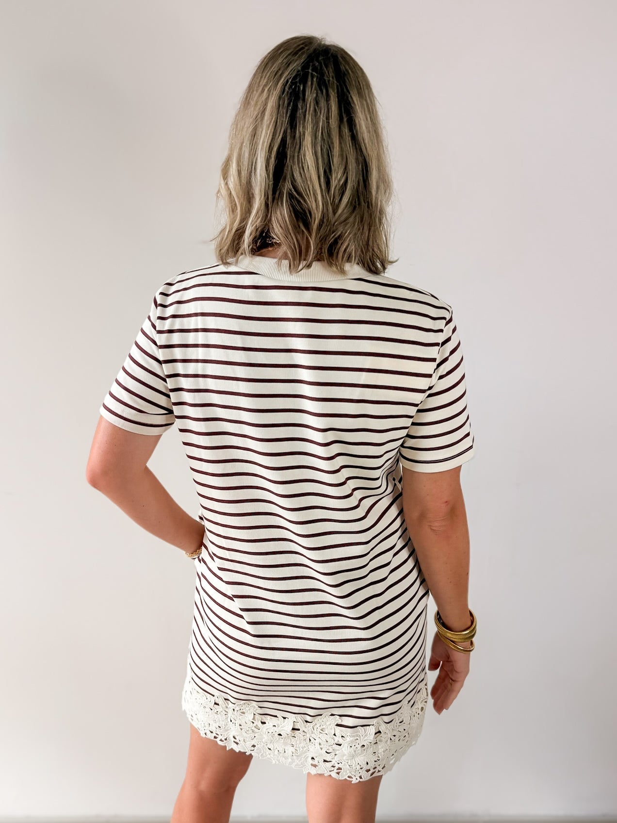 Round Neck Stripe T-Shirt Dress - Brown