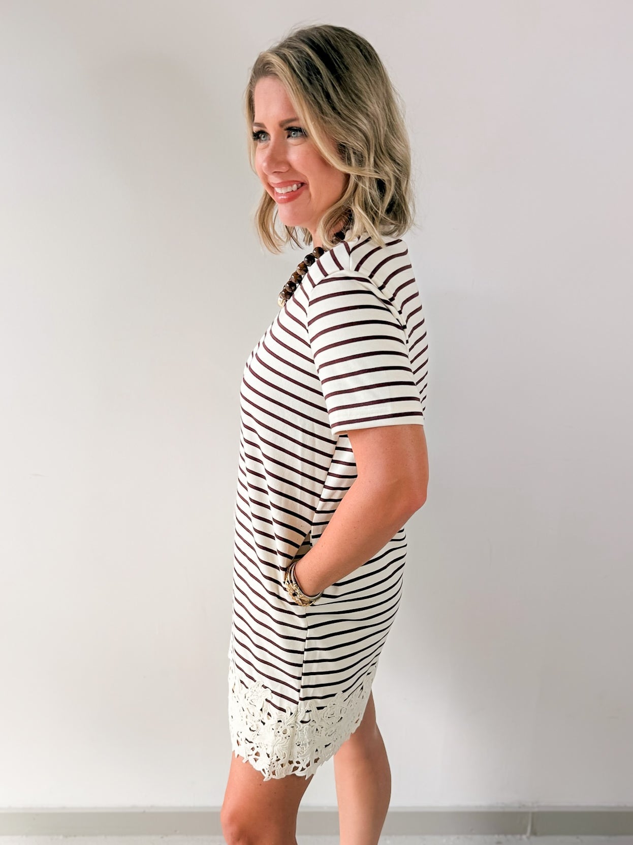 Round Neck Stripe T-Shirt Dress - Brown