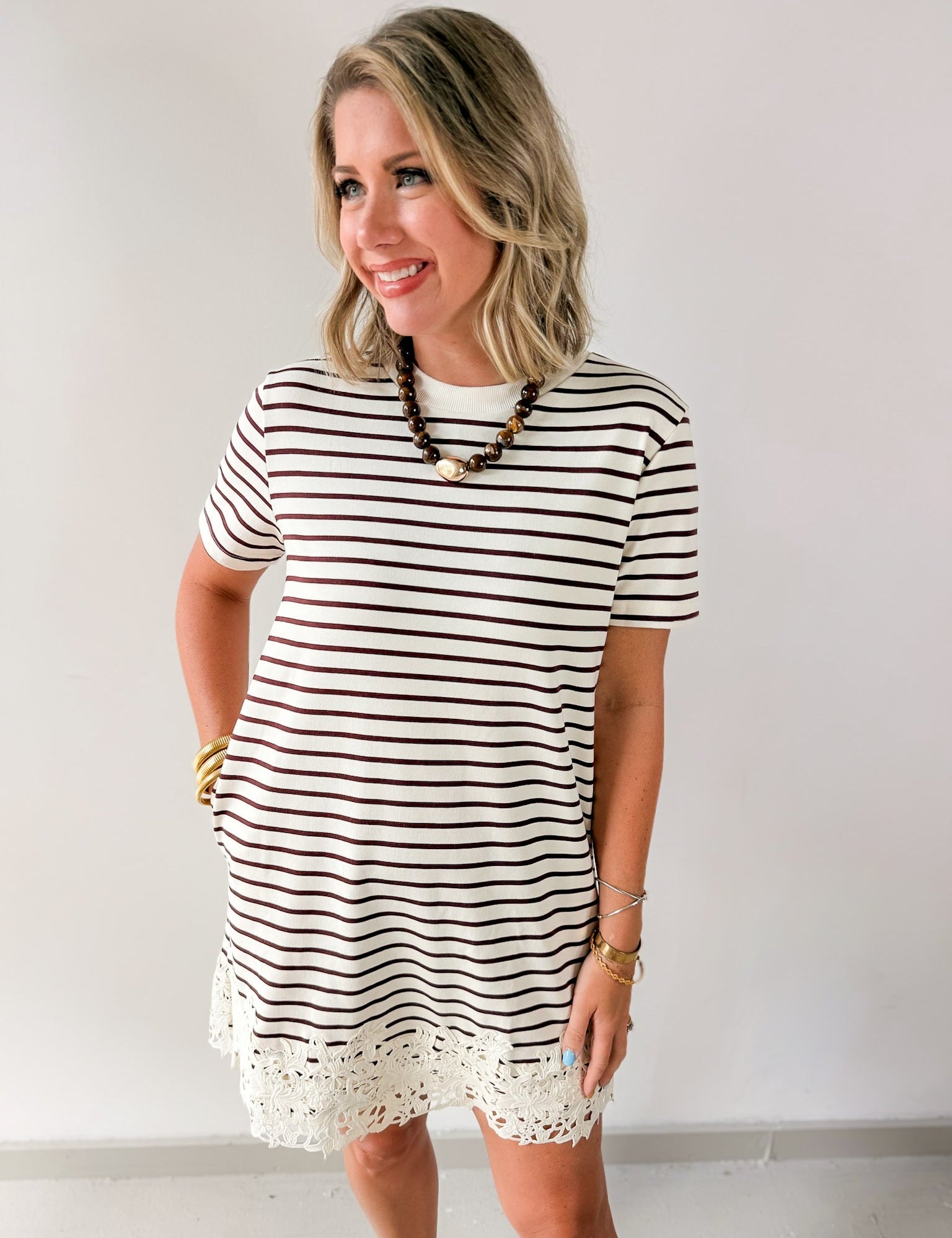 Round Neck Stripe T-Shirt Dress - Brown