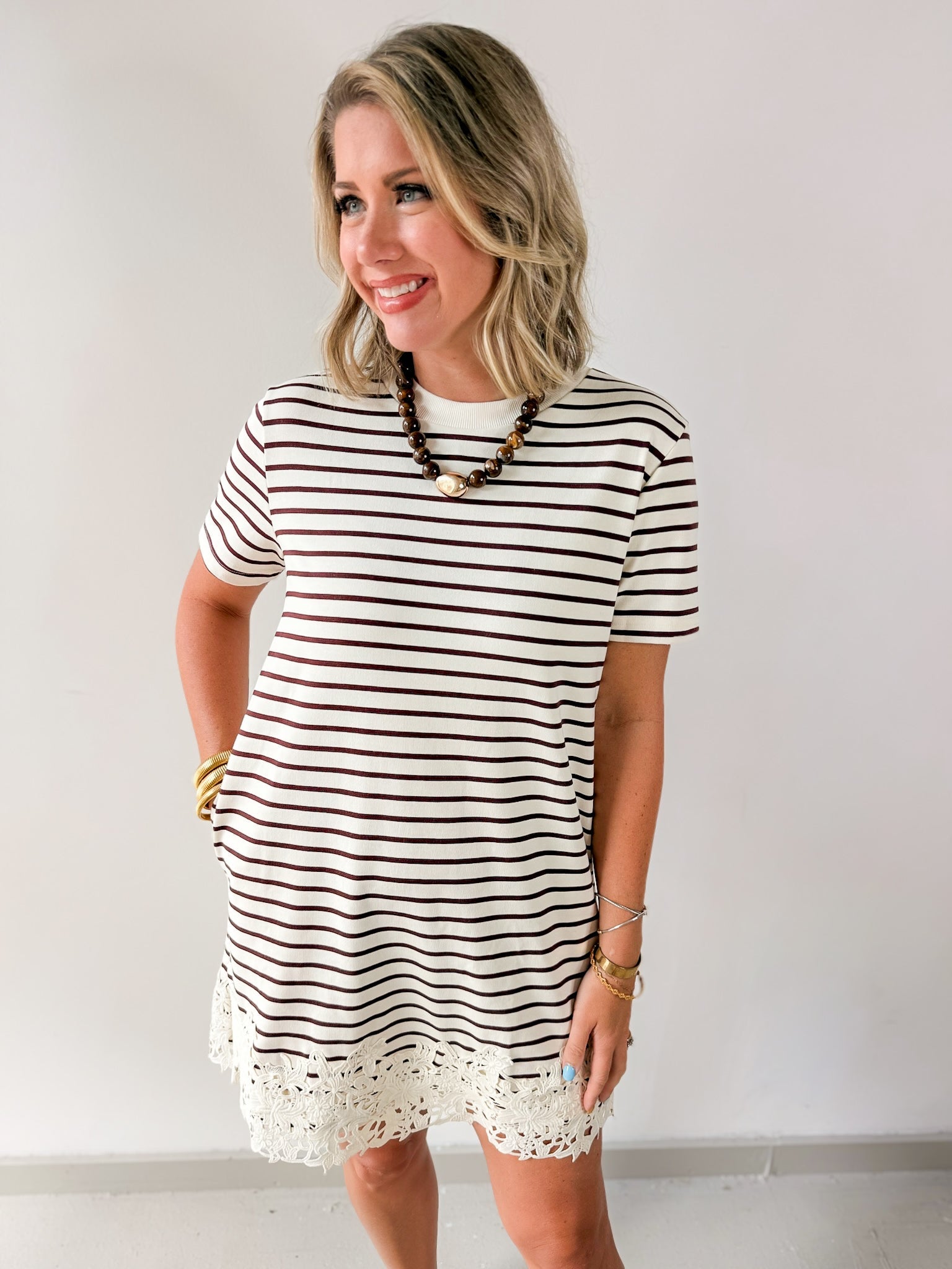 Round Neck Stripe T-Shirt Dress - Brown