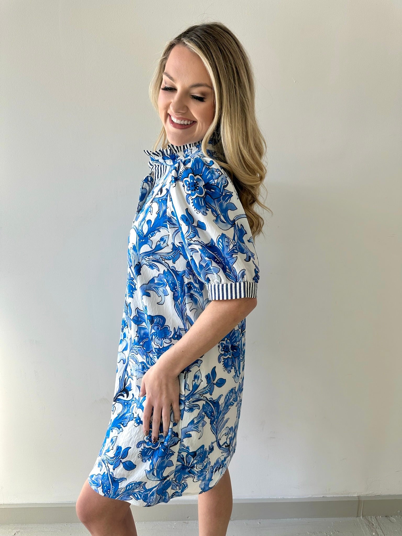 Royal & White Floral Print Dress