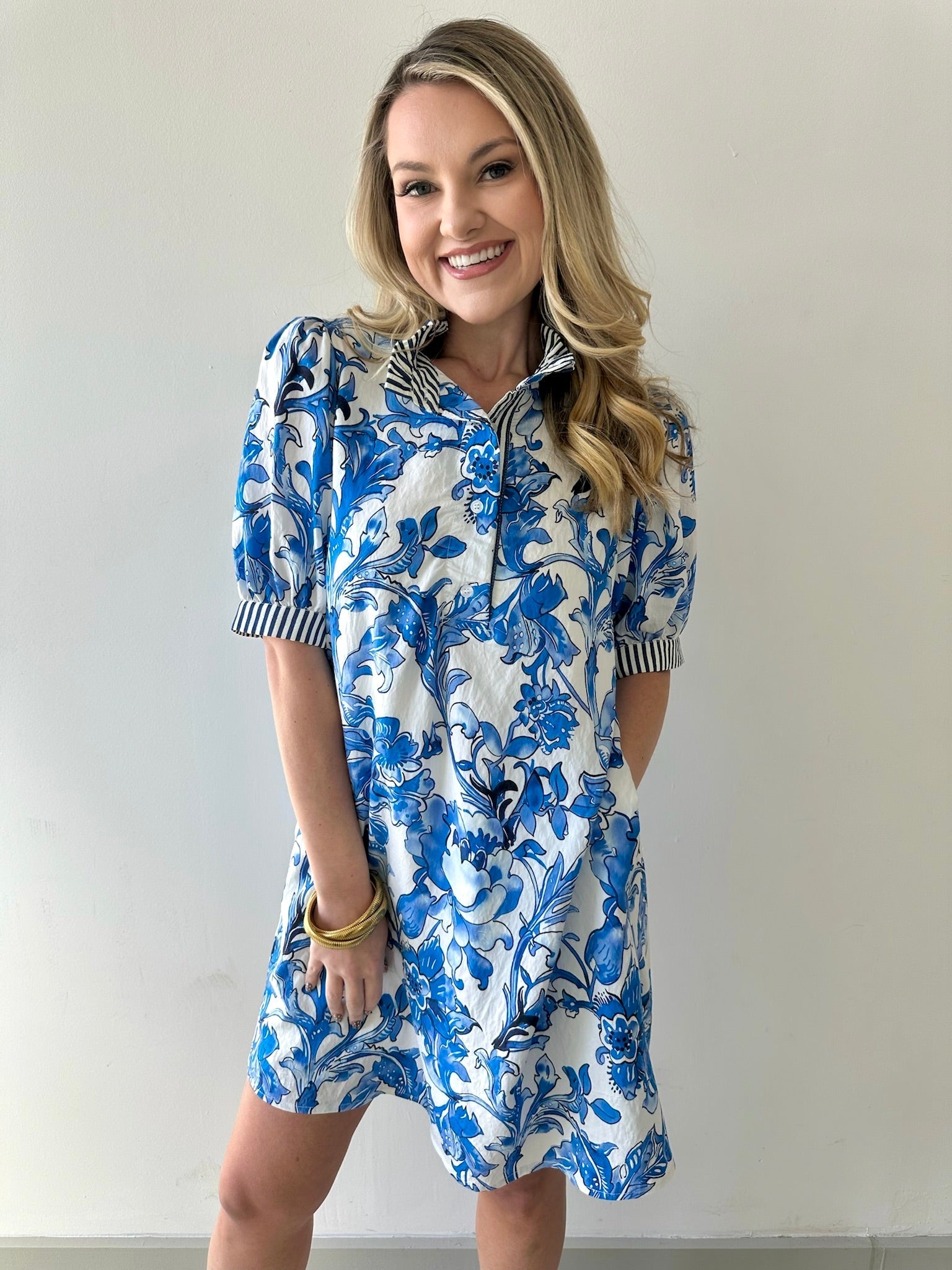 Royal & White Floral Print Dress