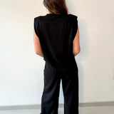 Ruched Top & Pleated Wide Leg Set - Black