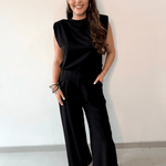 Ruched Top & Pleated Wide Leg Set - Black