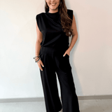 Ruched Top & Pleated Wide Leg Set - Black