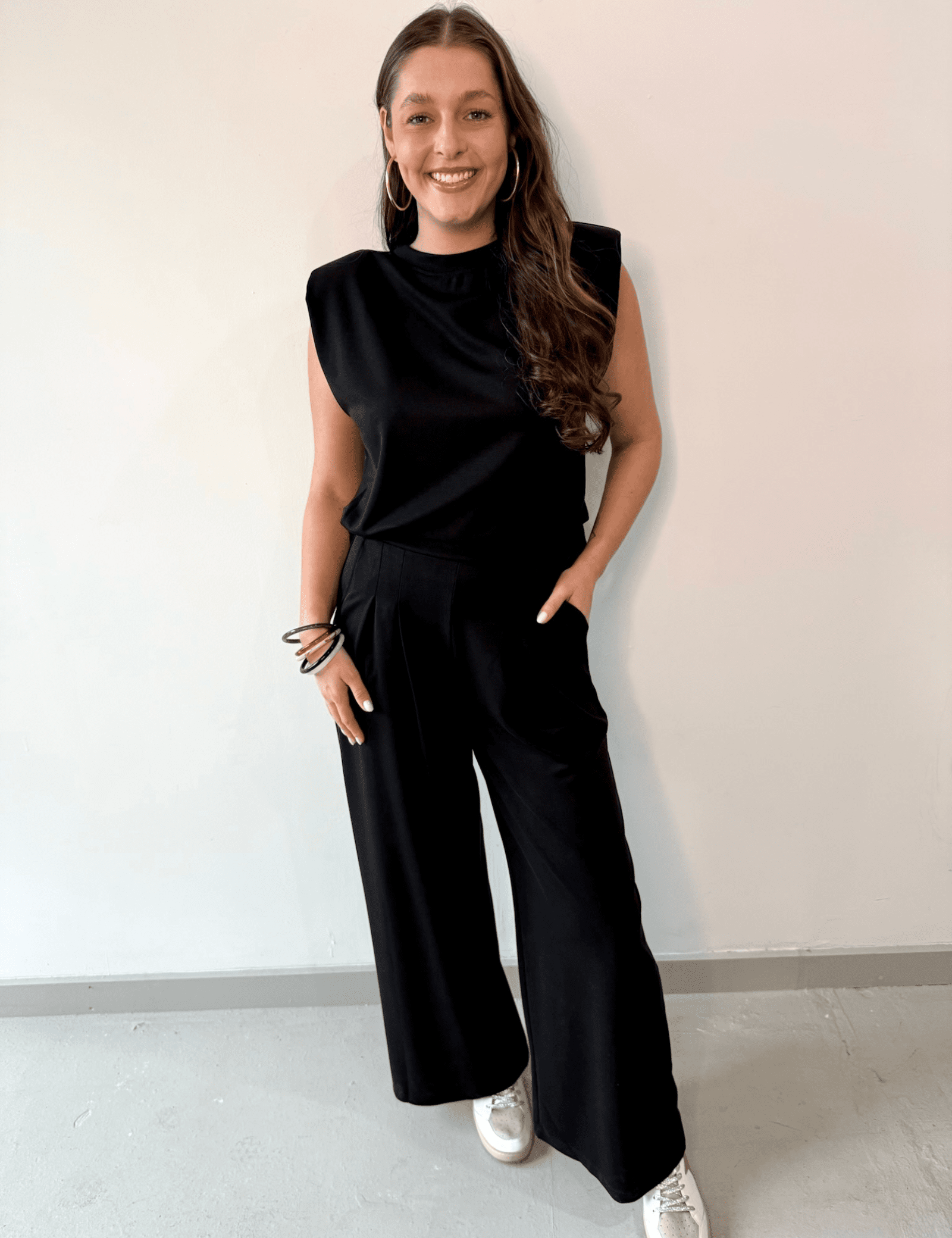 Ruched Top & Pleated Wide Leg Set - Black