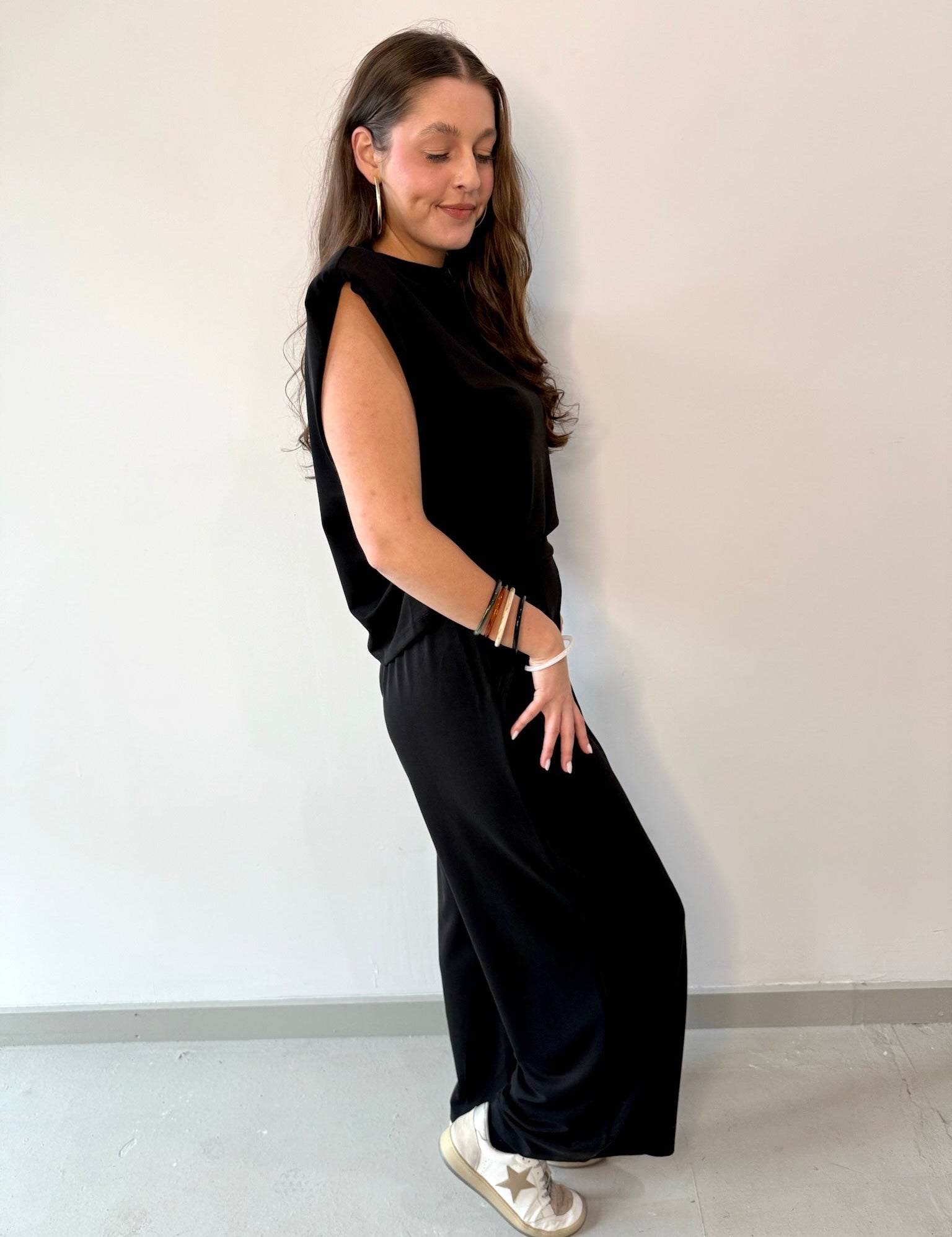 Ruched Top & Pleated Wide Leg Set - Black