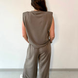 Ruched Top & Pleated Wide Leg Set - Mocha