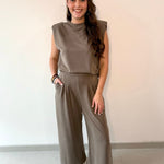 Ruched Top & Pleated Wide Leg Set - Mocha