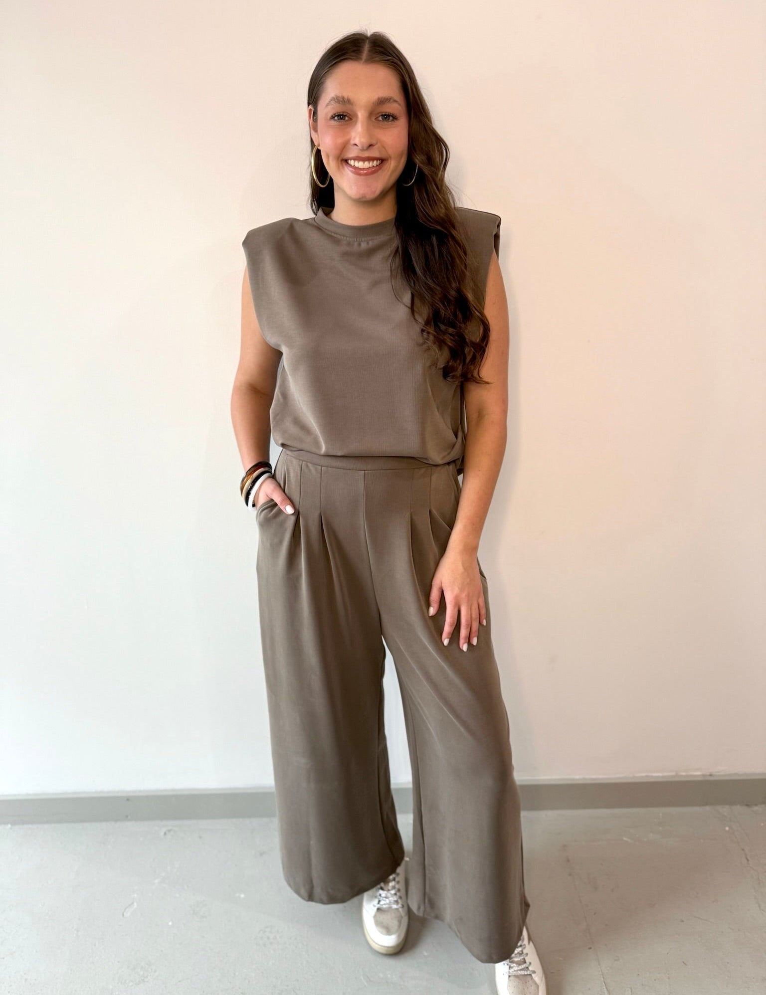 Ruched Top & Pleated Wide Leg Set - Mocha