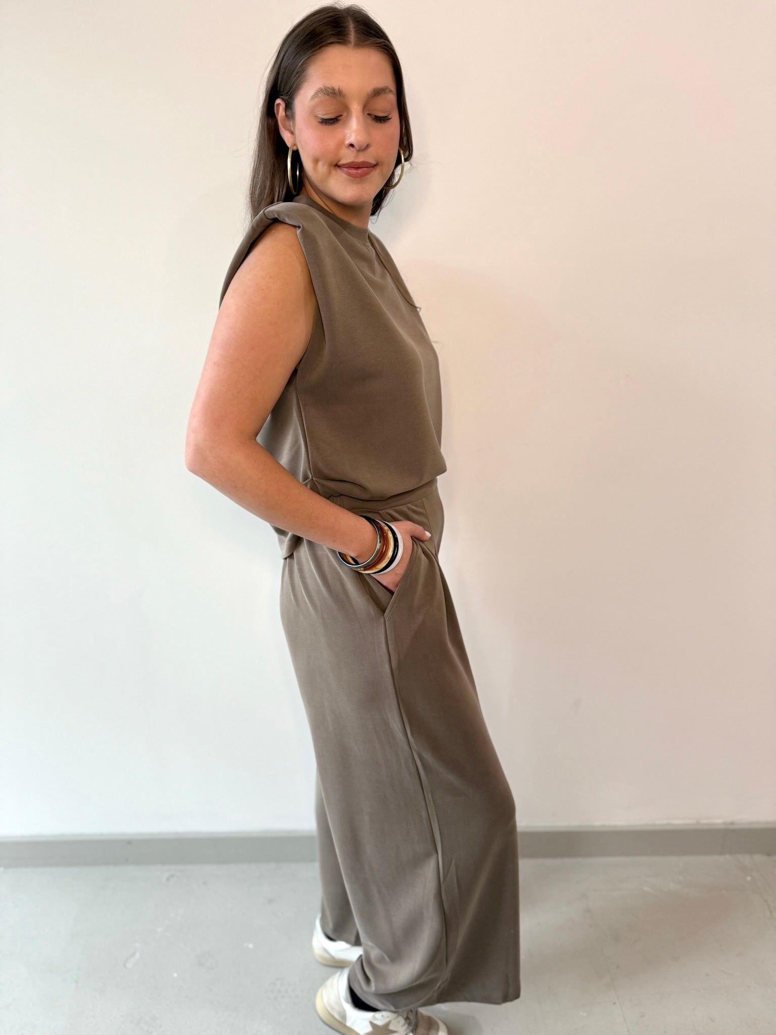 Ruched Top & Pleated Wide Leg Set - Mocha