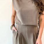 Ruched Top & Pleated Wide Leg Set - Mocha