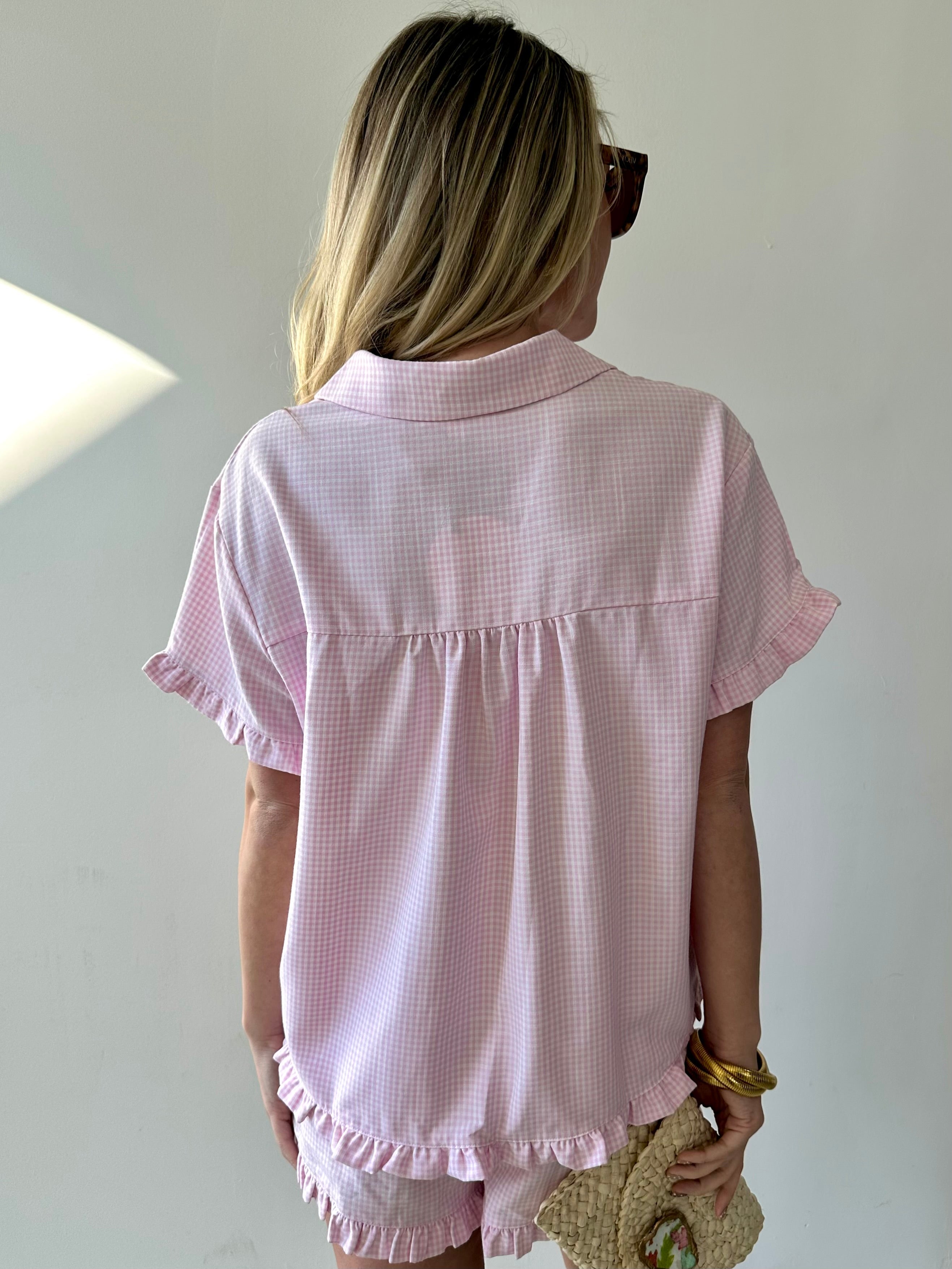 Ruffle Detail Gingham Top & Shorts PJ Set