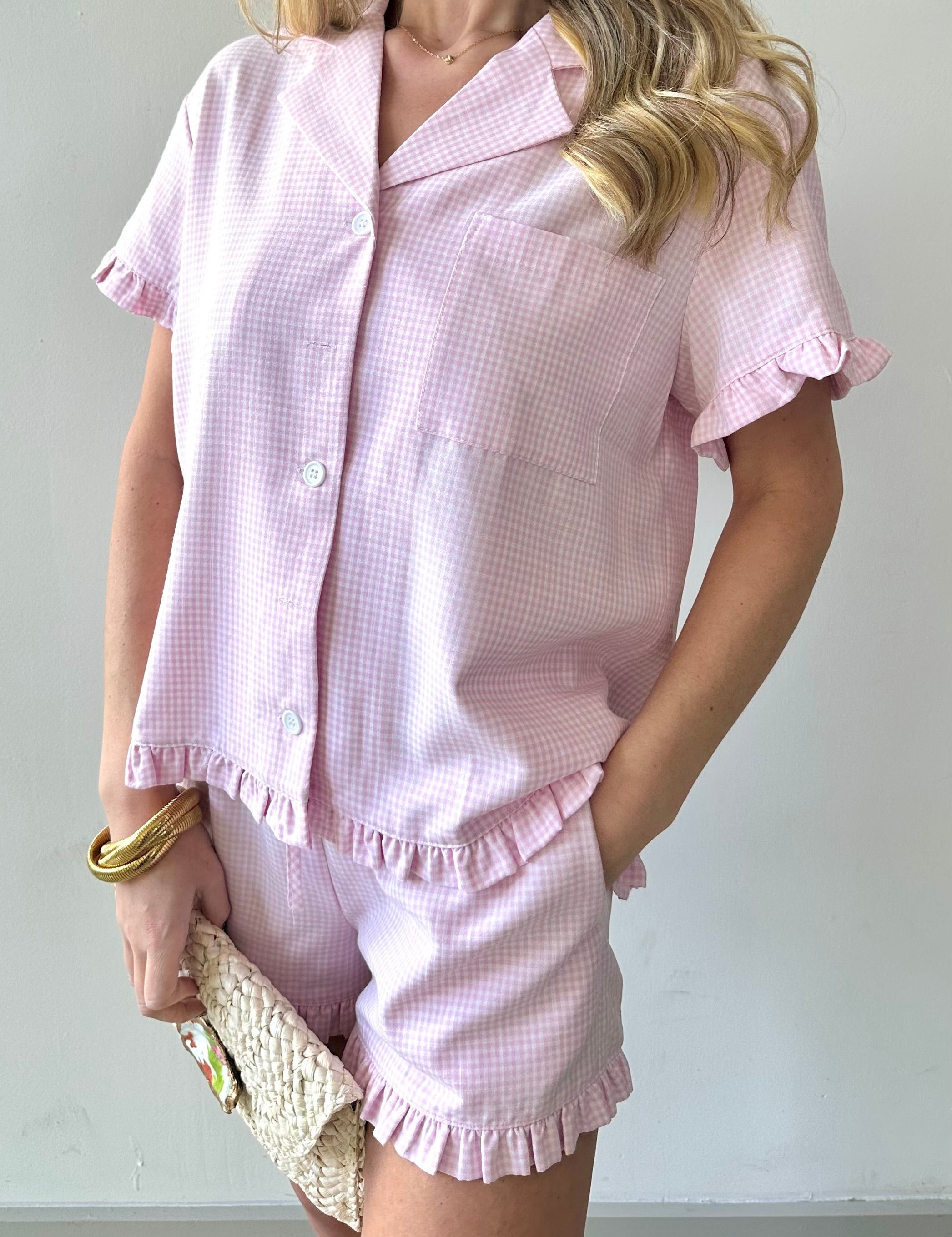 Ruffle Detail Gingham Top & Shorts PJ Set