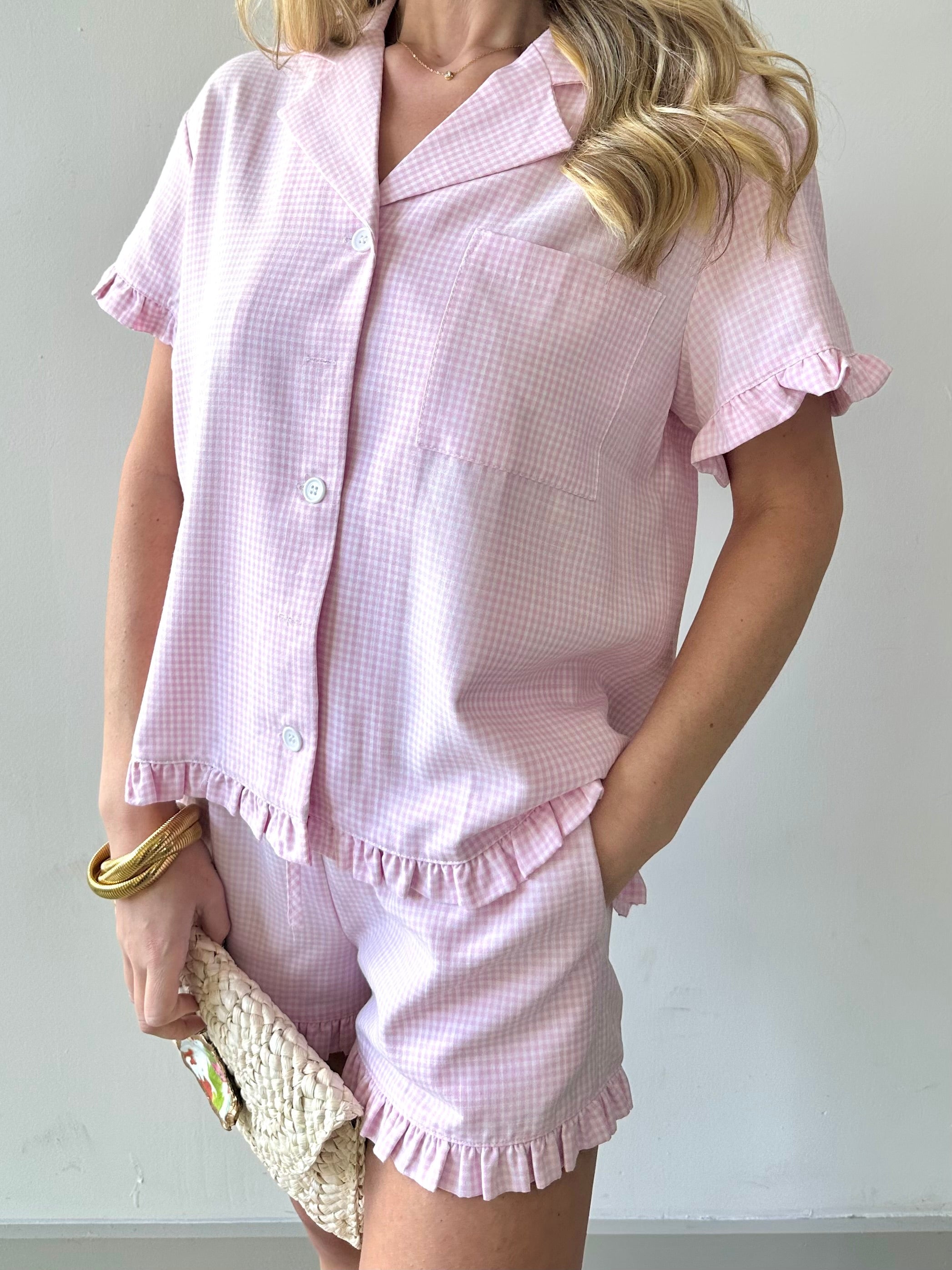 Ruffle Detail Gingham Top & Shorts PJ Set