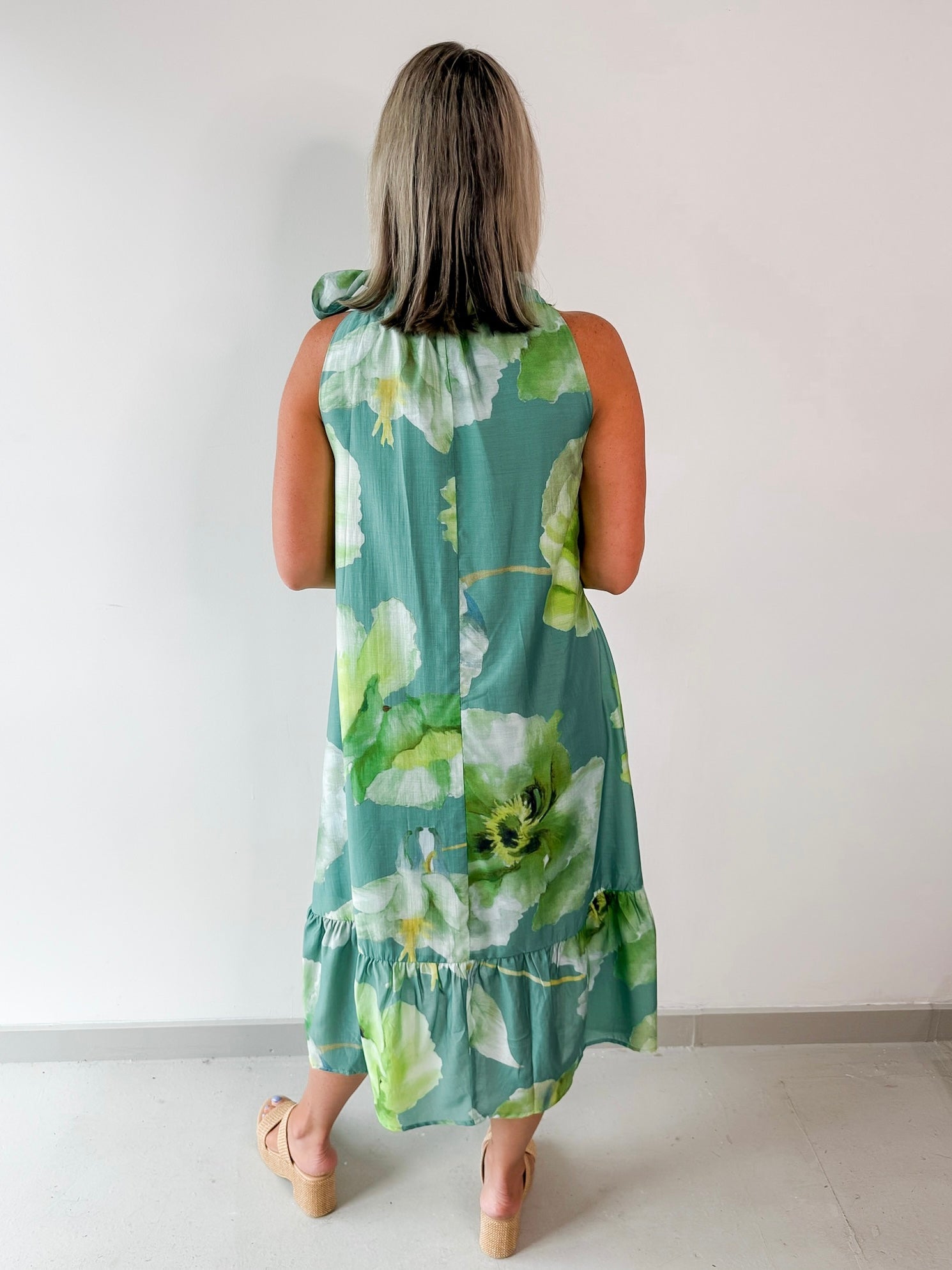 Ruffle Neck Tie Midi Dress