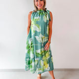 Ruffle Neck Tie Midi Dress