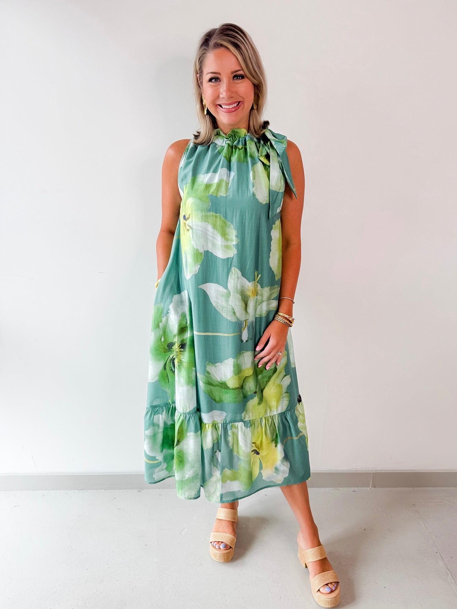 Ruffle Neck Tie Midi Dress