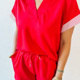 Ruffle Neck Top & Short Set - Red