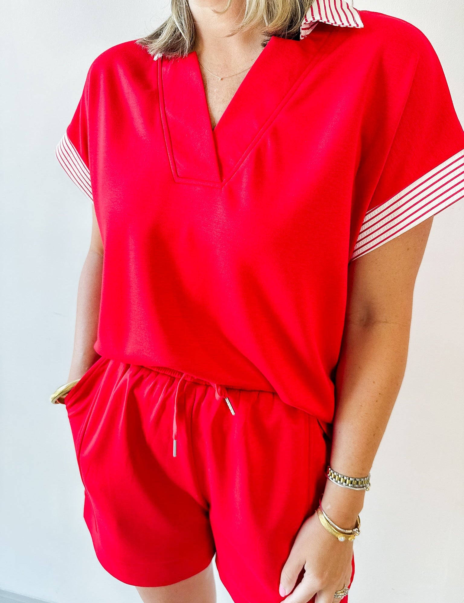 Ruffle Neck Top & Short Set - Red
