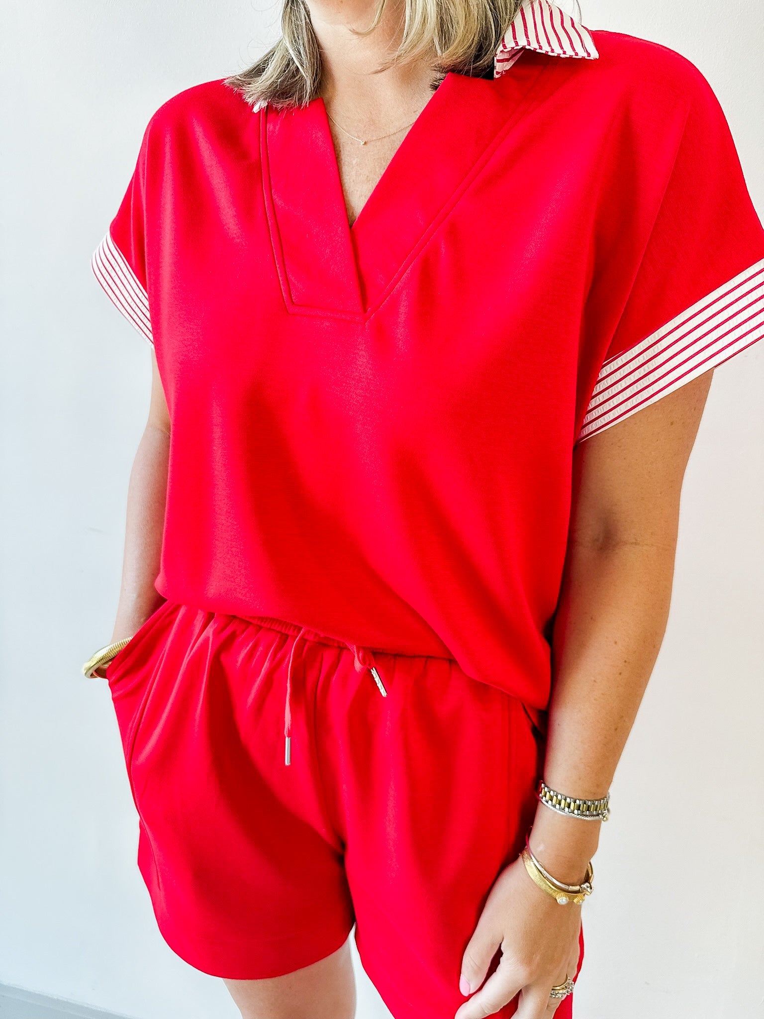 Ruffle Neck Top & Short Set - Red