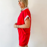 Ruffle Neck Top & Short Set - Red