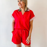 Ruffle Neck Top & Short Set - Red