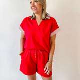 Ruffle Neck Top & Short Set - Red