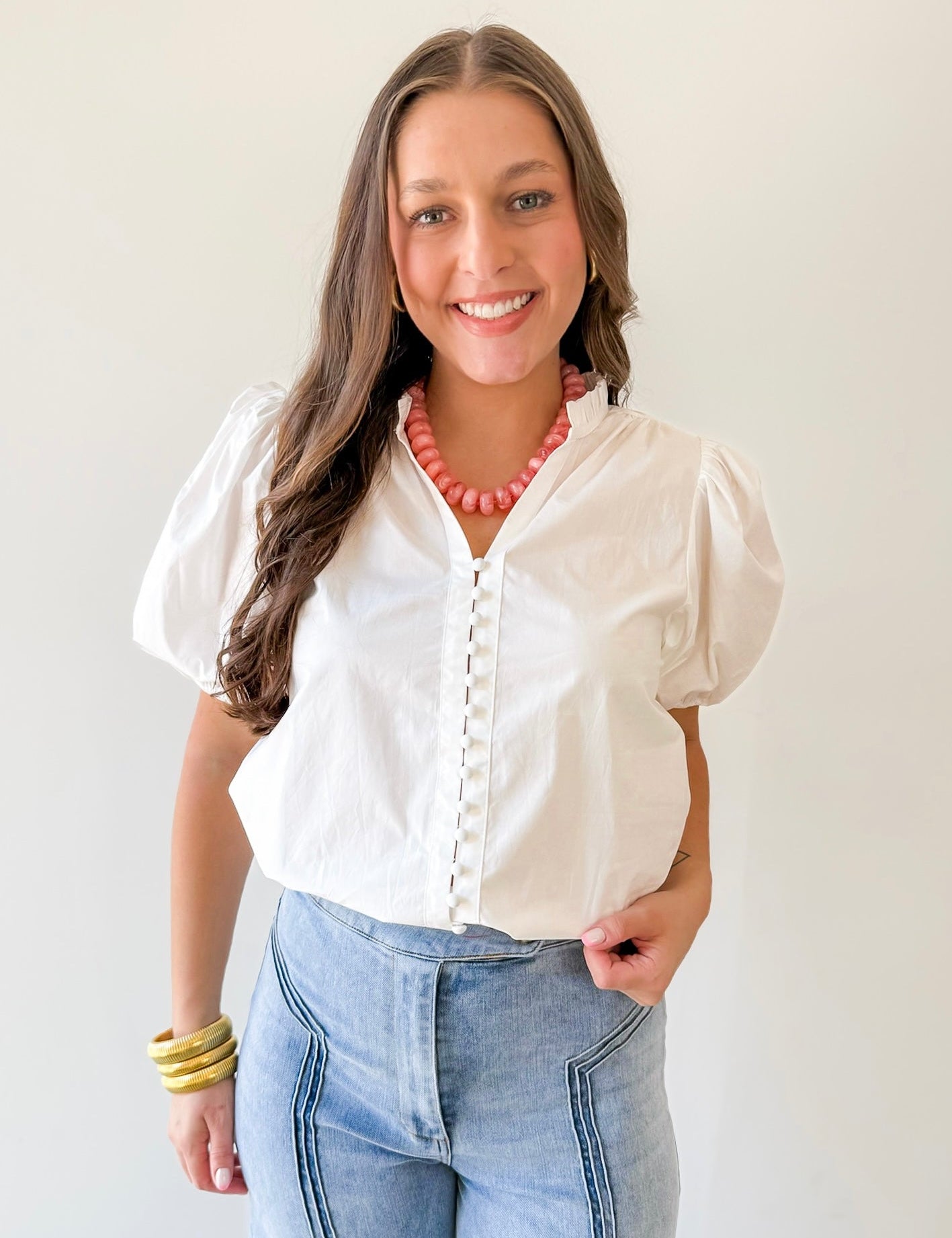 Ruffled Collar Puff Sleeve Top