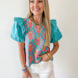 Ruffled Embroiderd Top - Aqua