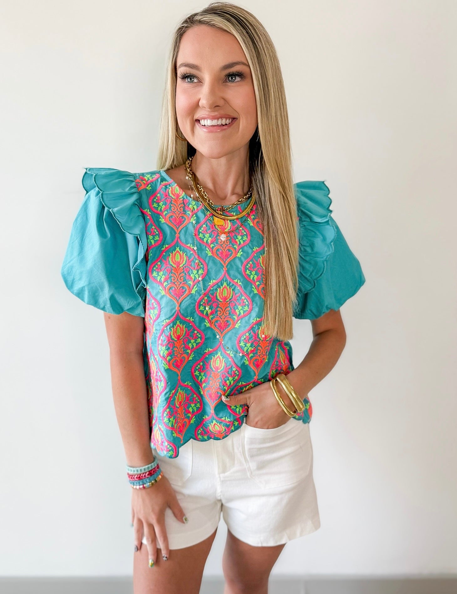 Ruffled Embroiderd Top - Aqua