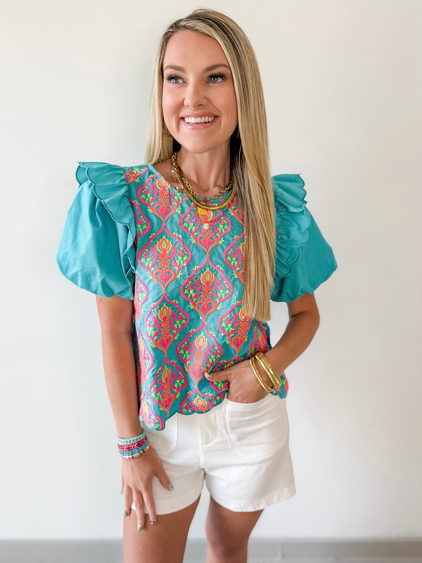 Ruffled Embroiderd Top - Aqua