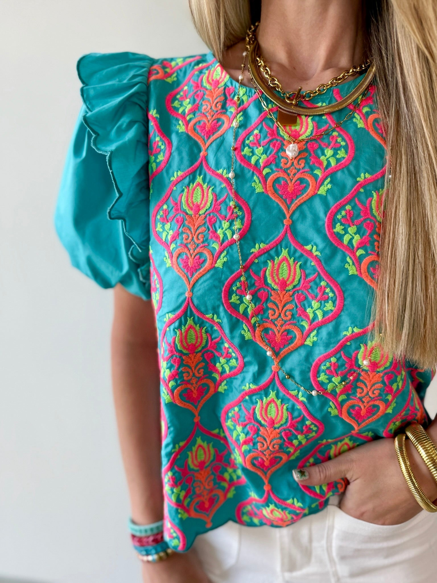 Ruffled Embroiderd Top - Aqua