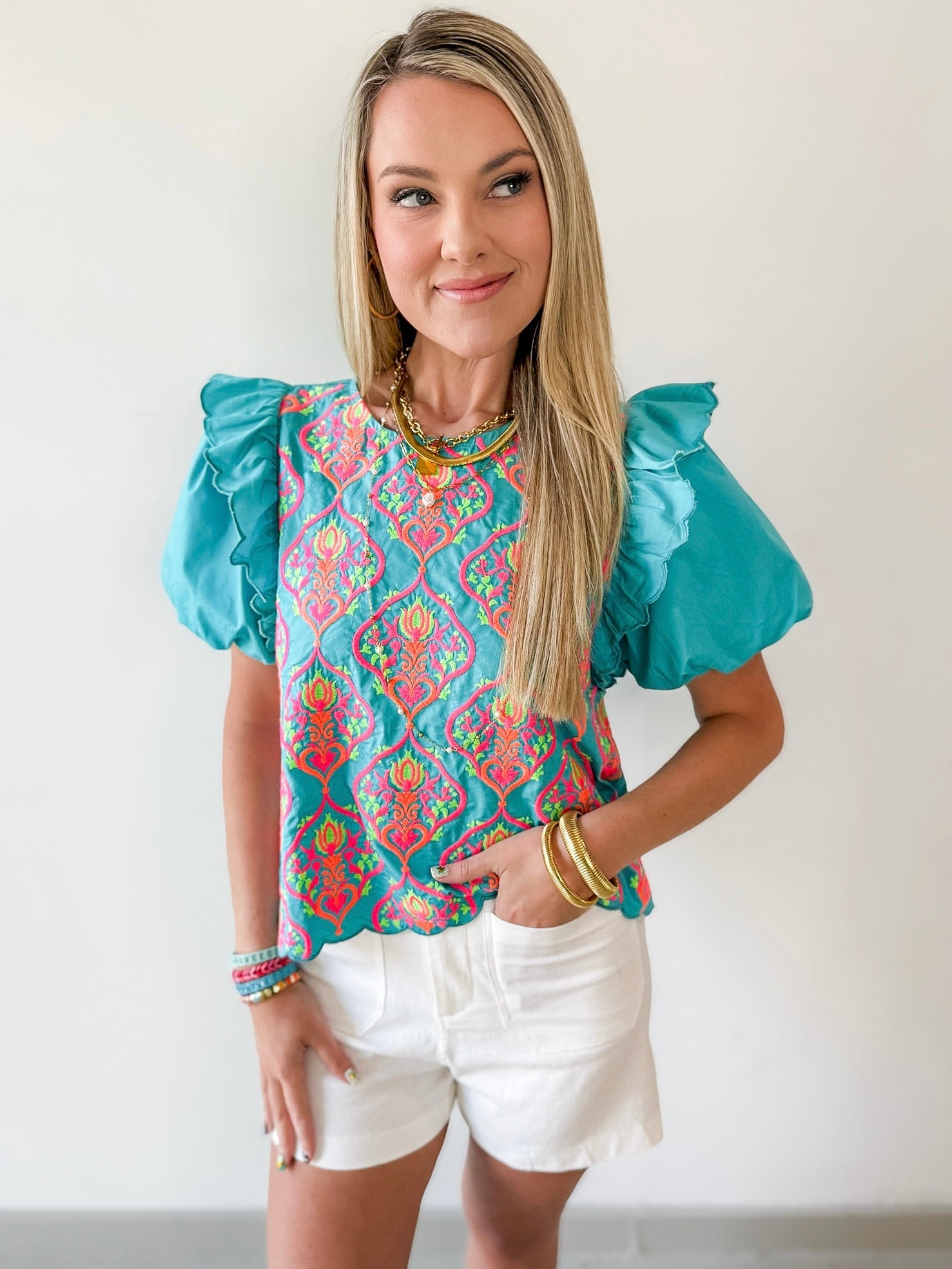 Ruffled Embroiderd Top - Aqua