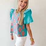 Ruffled Embroiderd Top - Aqua