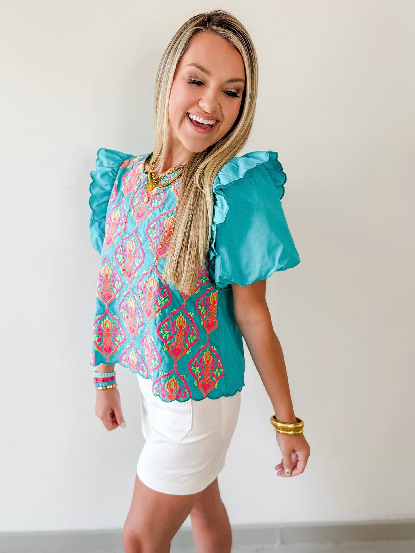 Ruffled Embroiderd Top - Aqua
