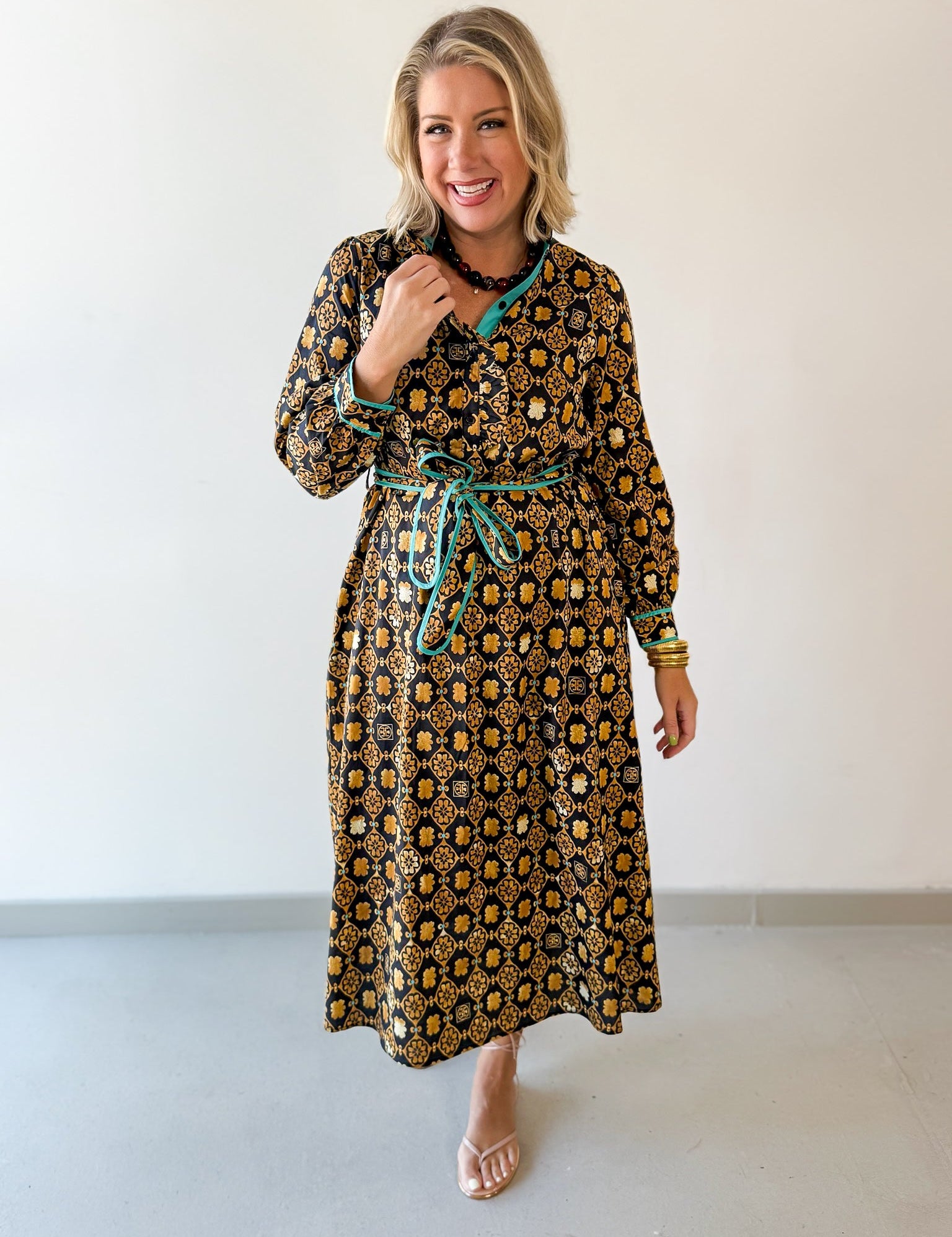 Ruffled Geo Floral Midi Dress - Black